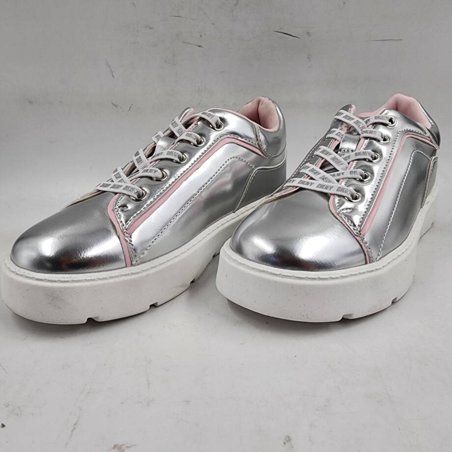 DKNY Brooke Glitter Lace Up Platform Sneaker Girls 2/13.5 Silver Round Toe