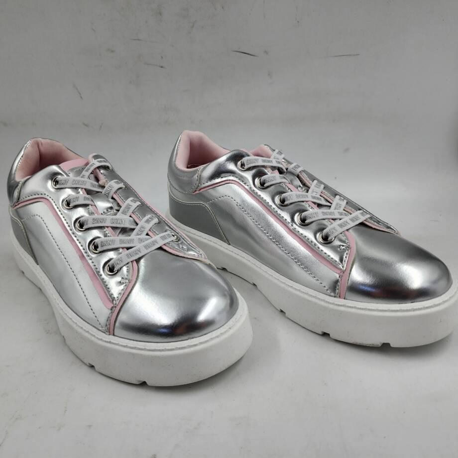 DKNY Brooke Glitter Lace Up Platform Sneaker Girls 2/13.5 Silver Round Toe