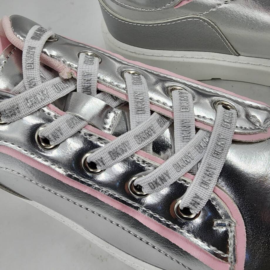 DKNY Brooke Glitter Lace Up Platform Sneaker Girls 2/13.5 Silver Round Toe