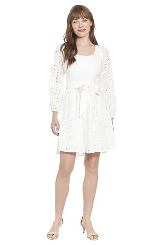 London Times Scoop Neck A-Line Sash Tie Summer Dresses Women 8 White Zip Closure