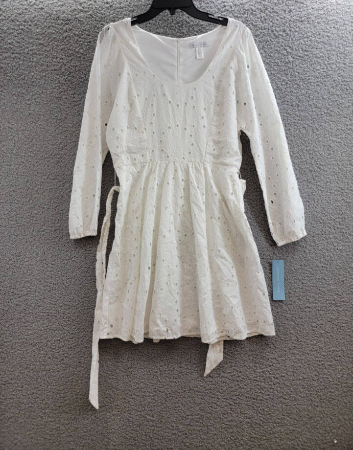 London Times Scoop Neck A-Line Sash Tie Summer Dresses Women 8 White Zip Closure