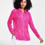 Bar III Petite Plisse-Knit Button-Up Shirt Women's PL Fuchsia Purple Collared