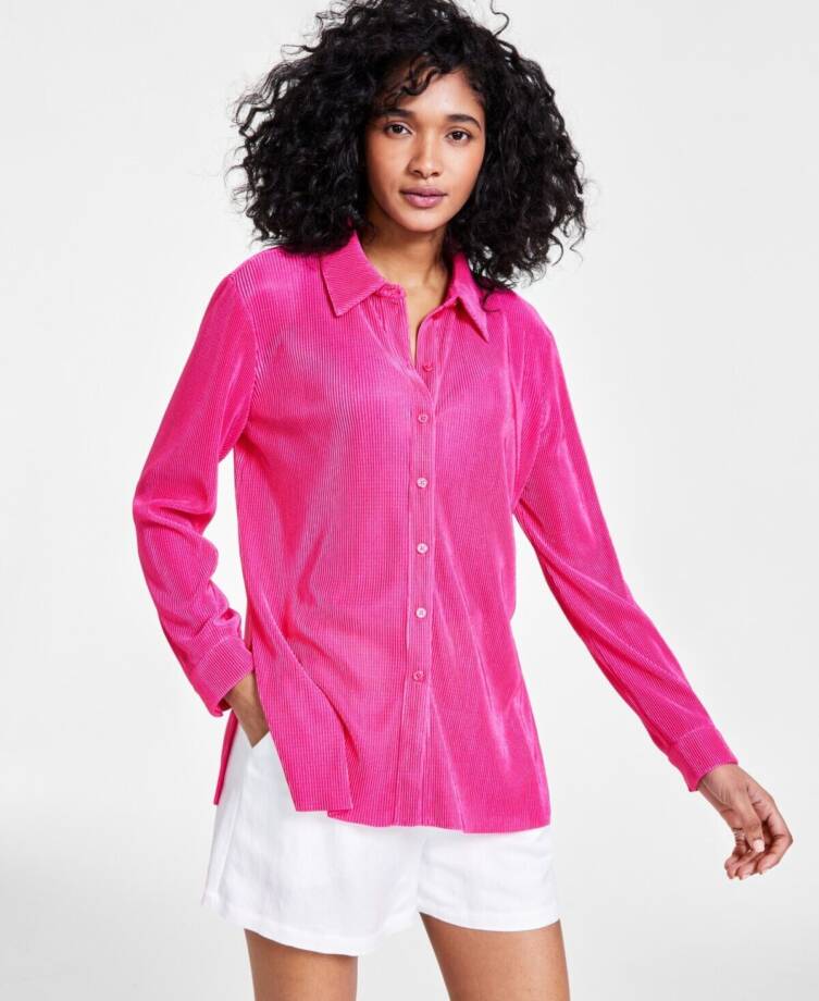 Bar III Petite Plisse-Knit Button-Up Shirt Women's PL Fuchsia Purple Collared