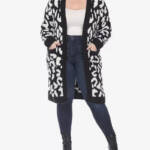 White Mark Plus Size Leopard Print Open Front Sherpa Sweater Women 2XL/3XL Black