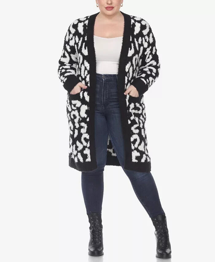 White Mark Plus Size Leopard Print Open Front Sherpa Sweater Women 2XL/3XL Black
