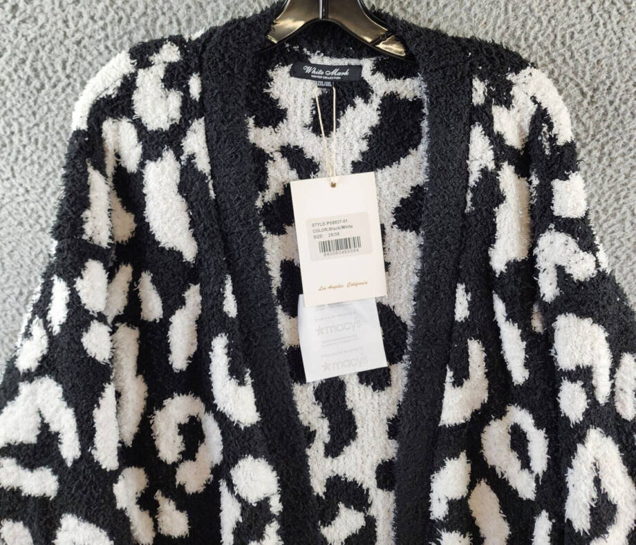 White Mark Plus Size Leopard Print Open Front Sherpa Sweater Women 2XL/3XL Black
