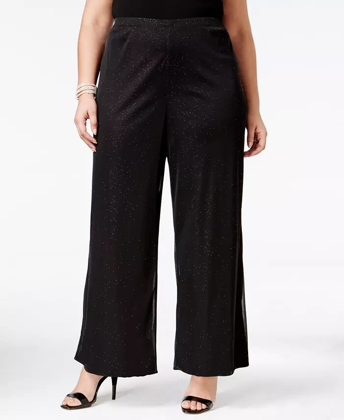 MSK Plus Size Mesh Sparkle Palazzo Pants Women's 2X Black Elastic Waist Pull On