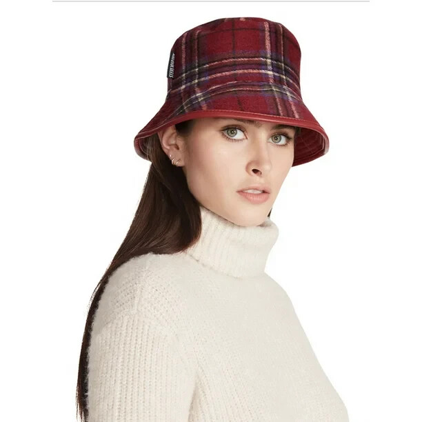 Steve Madden Reversible Plaid Bucket Hat Women's One Size Red Multi