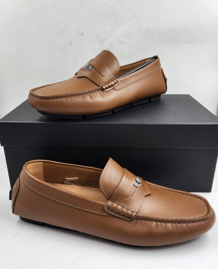 Versace Medusa Coin Slip On Penny Drivers Men's 41/8 US Dark Toffee Moc Toe