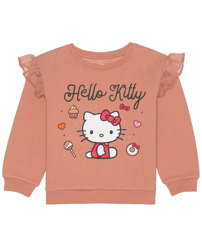 Hello Kitty Long Sleeve Ruffle Sweatshirt Little Girls 5 Brown Multi Crew Neck