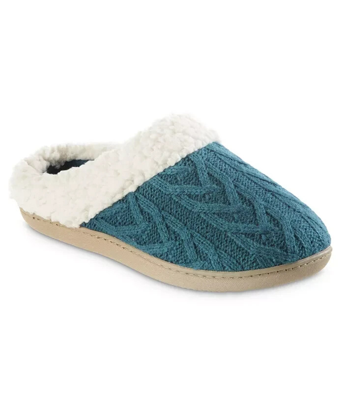 Isotoner Signature Cable Knit Alexis Hoodback Slippers Women's 8.5-9 Blue Lagoon