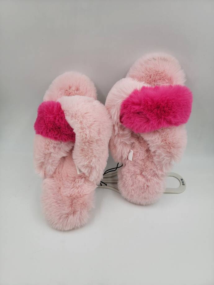 Jenni Faux-Fur Crossband Slippers Women's L Pink Fun Open Toe Slip On