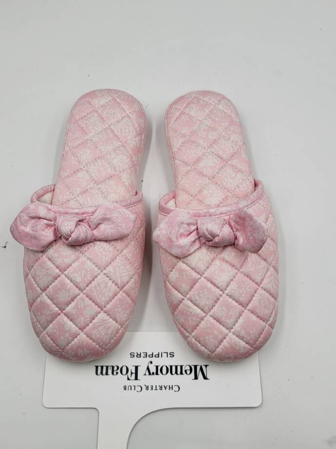 Charter Club Gingham-Print Bow-Top Slippers Women's M (7-8) Orchid Pink Quilted