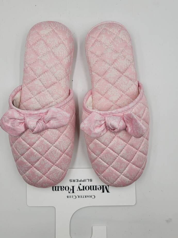 Charter Club Gingham-Print Bow-Top Slippers Women's M (7-8) Orchid Pink Quilted