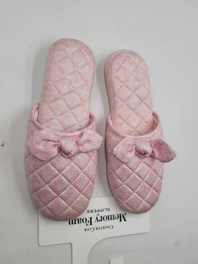 Charter Club Gingham-Print Bow-Top Slippers Women's M (7-8) Orchid Pink Quilted