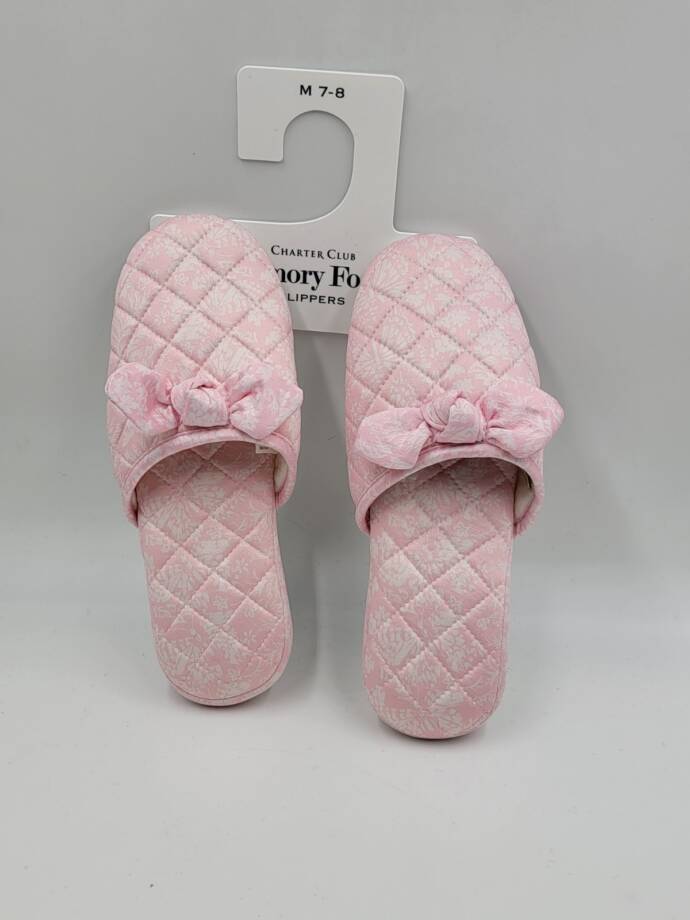 Charter Club Gingham-Print Bow-Top Slippers Women's M (7-8) Orchid Pink Quilted