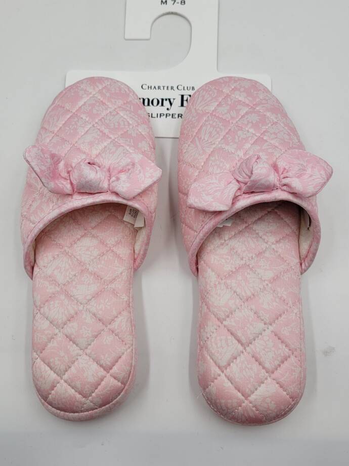 Charter Club Gingham-Print Bow-Top Slippers Women's M (7-8) Orchid Pink Quilted