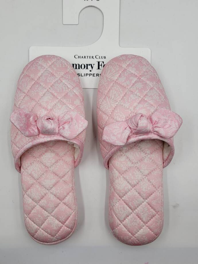 Charter Club Gingham-Print Bow-Top Slippers Women's M (7-8) Orchid Pink Quilted