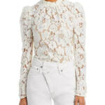 WAYF Erika Puff-Sleeve Lace Top Women's XS Ivory Ruffled Mock Neck Long Sleeve