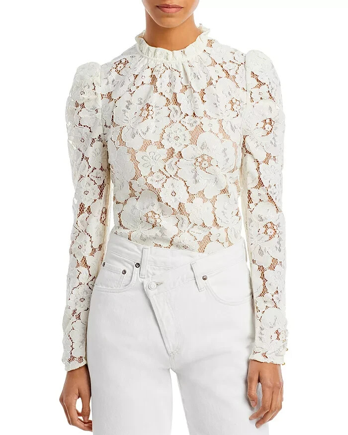 WAYF Erika Puff-Sleeve Lace Top Women's XS Ivory Ruffled Mock Neck Long Sleeve
