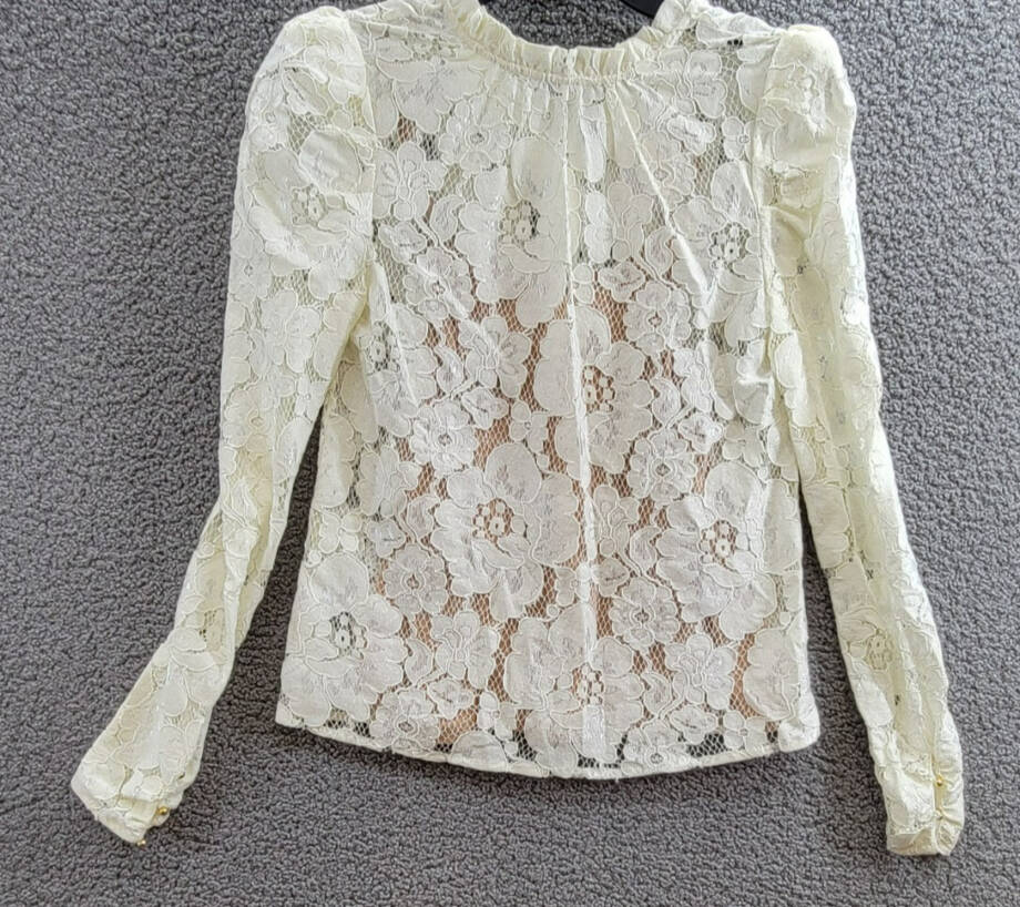 WAYF Erika Puff-Sleeve Lace Top Women's XS Ivory Ruffled Mock Neck Long Sleeve