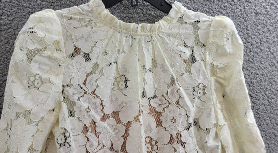 WAYF Erika Puff-Sleeve Lace Top Women's XS Ivory Ruffled Mock Neck Long Sleeve