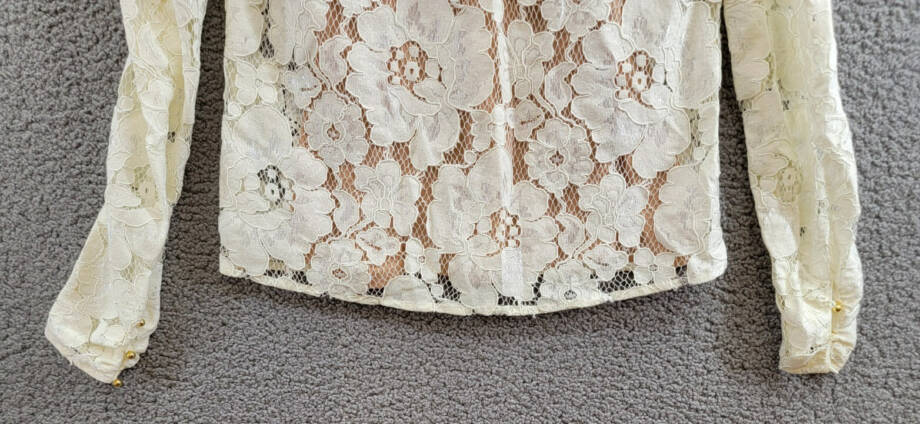 WAYF Erika Puff-Sleeve Lace Top Women's XS Ivory Ruffled Mock Neck Long Sleeve