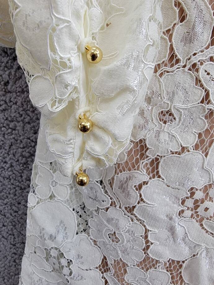 WAYF Erika Puff-Sleeve Lace Top Women's XS Ivory Ruffled Mock Neck Long Sleeve