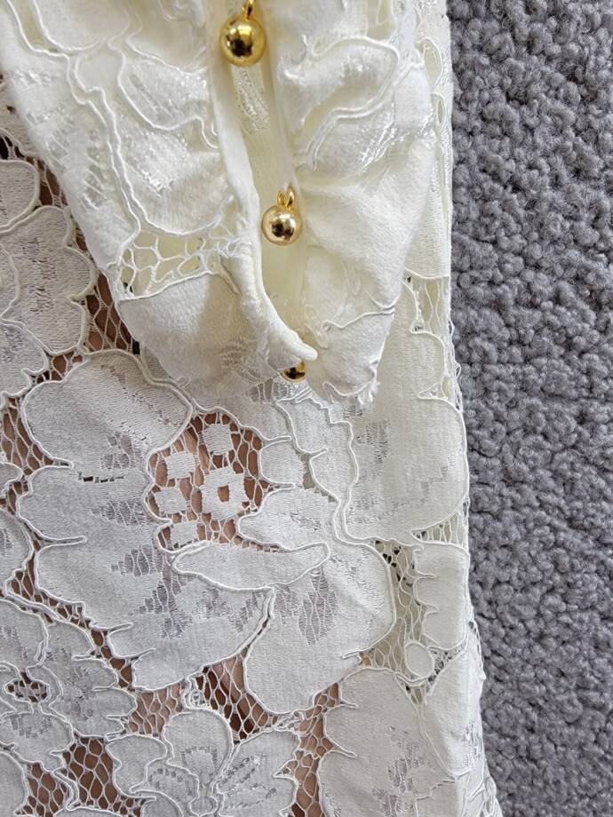 WAYF Erika Puff-Sleeve Lace Top Women's XS Ivory Ruffled Mock Neck Long Sleeve