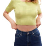 Free People Textured Short Sleeves Crop Sweater Top Womens L Sunny Lime Pullover