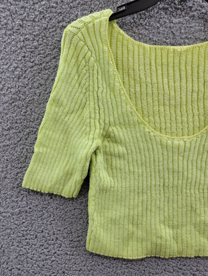 Free People Textured Short Sleeves Crop Sweater Top Womens L Sunny Lime Pullover