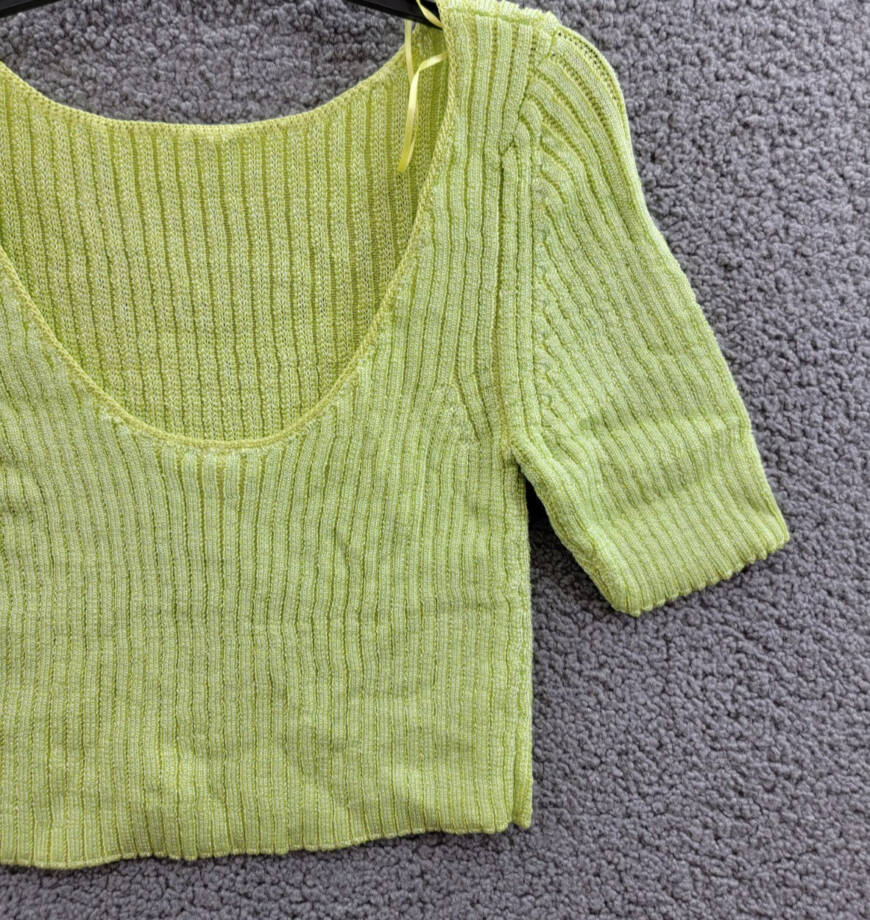 Free People Textured Short Sleeves Crop Sweater Top Womens L Sunny Lime Pullover