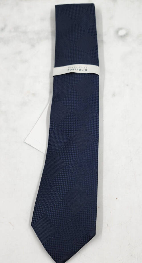 Perry Ellis Stuben Check Tie Men's One Size Navy Classic Design Pointed Style +