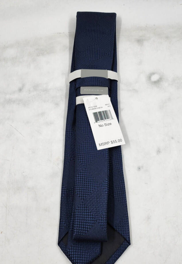 Perry Ellis Stuben Check Tie Men's One Size Navy Classic Design Pointed Style +
