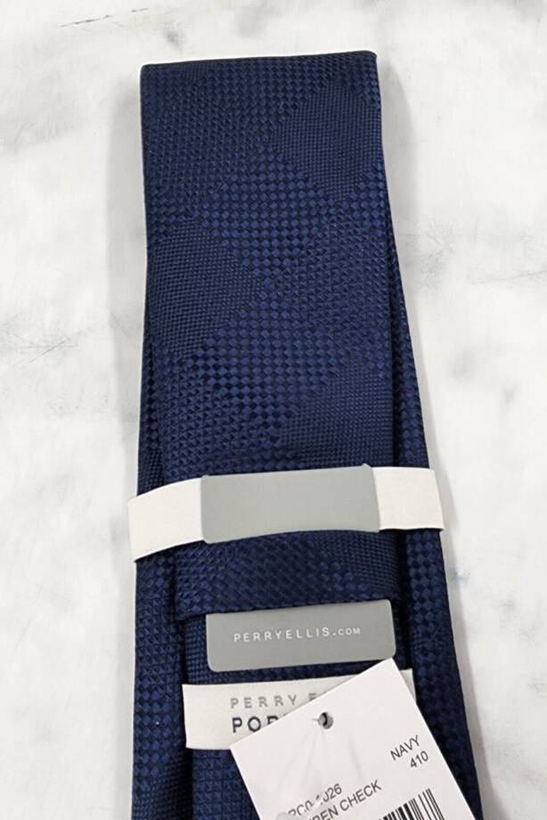 Perry Ellis Stuben Check Tie Men's One Size Navy Classic Design Pointed Style +