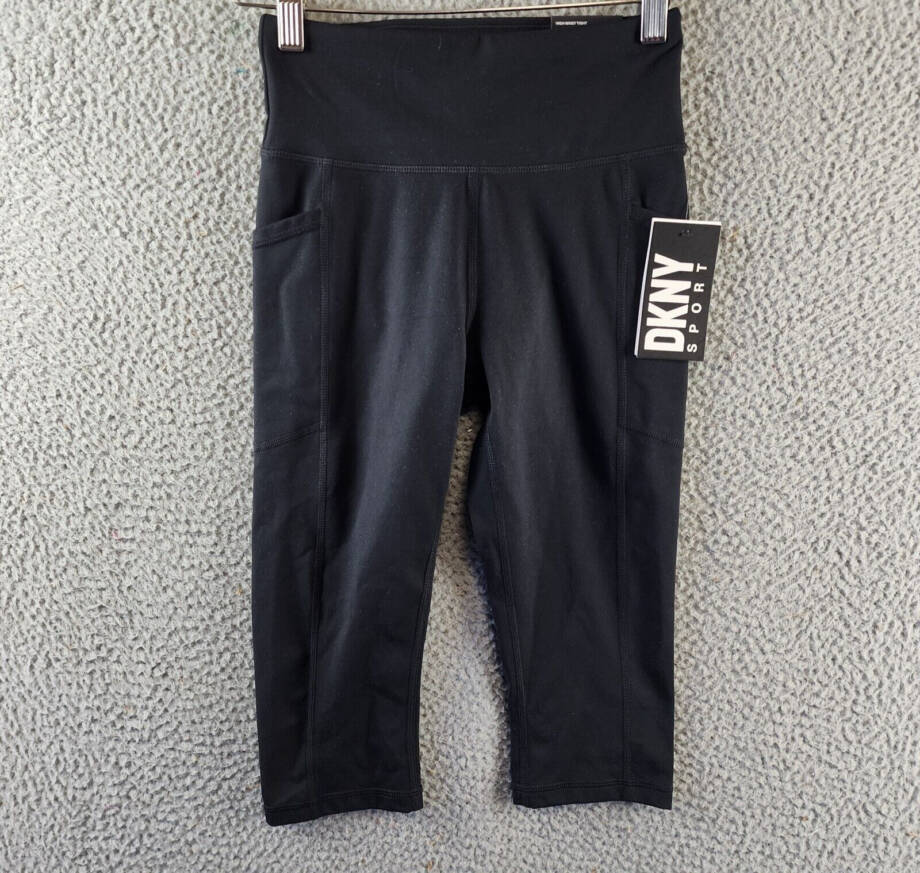 DKNY Sport Balance High-Waist Capri Leggings Women's XS Black Side Pocket PullOn