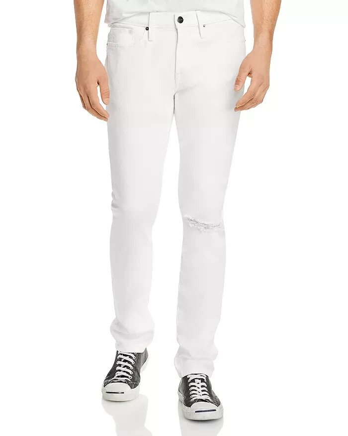 FRAME L'Homme Skinny Fit Jeans Men's 33 Blanc Rips Zip Fly With Button Closure~