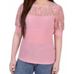 NY Collection Petite Elbow Puff Sleeve Lace Top Women's PM Mellow Rose Crew Neck