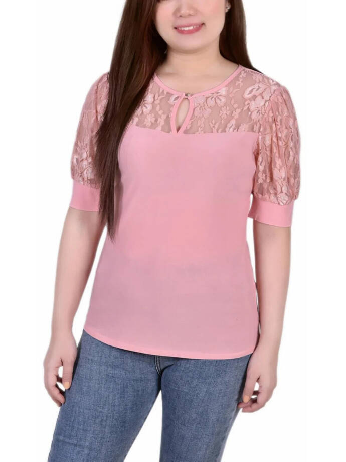 NY Collection Petite Elbow Puff Sleeve Lace Top Women's PM Mellow Rose Crew Neck