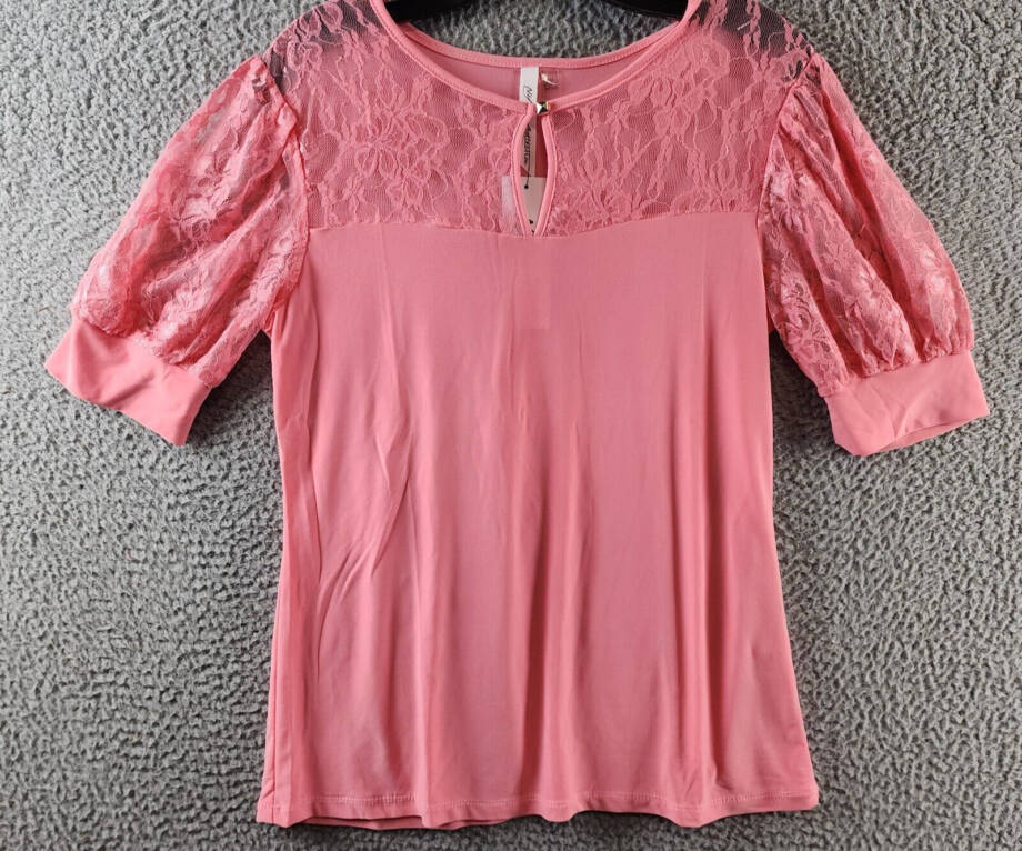 NY Collection Petite Elbow Puff Sleeve Lace Top Women's PM Mellow Rose Crew Neck