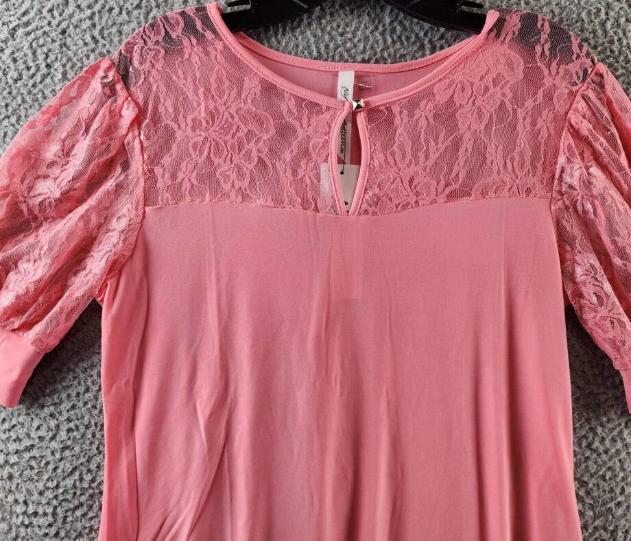 NY Collection Petite Elbow Puff Sleeve Lace Top Women's PM Mellow Rose Crew Neck