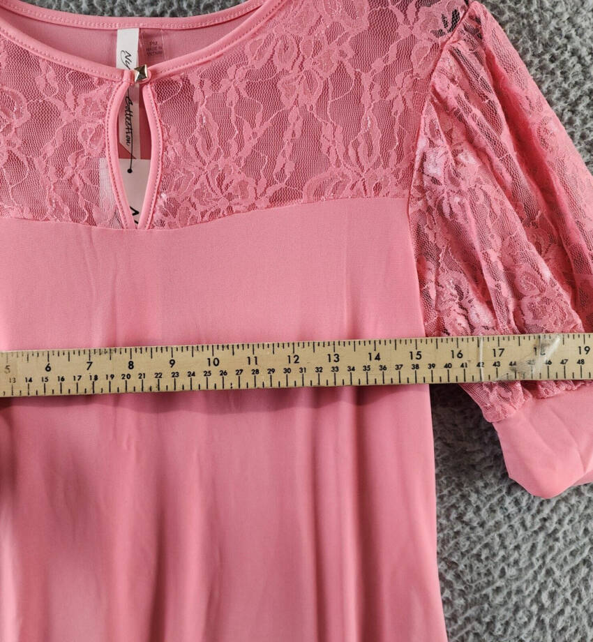 NY Collection Petite Elbow Puff Sleeve Lace Top Women's PM Mellow Rose Crew Neck