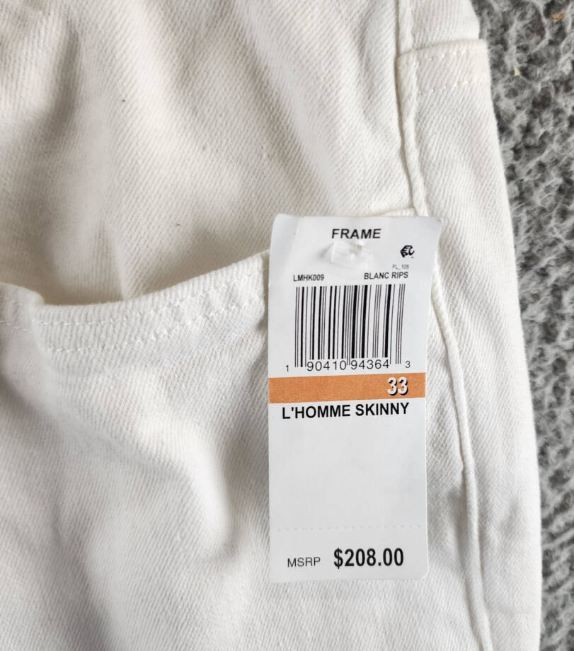 FRAME L'Homme Skinny Fit Jeans Men's 33 Blanc Rips Zip Fly With Button Closure~