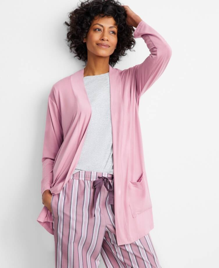 State of Day Knit Open Front Cardigan Women's L Mauve Orchid Front Pockets L/S