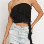 Aqua Draped Ruffled Mesh Tube Top Women's M Black Solid Sleeveless Pullover