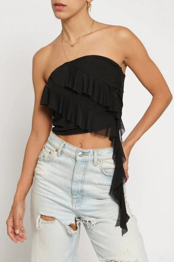 Aqua Draped Ruffled Mesh Tube Top Women's M Black Solid Sleeveless Pullover