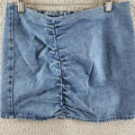 AQUA Asymmetric Ruched Front Mini Skirt Women's S Medium Wash Denim Back Zip