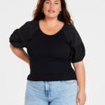 On 34th Trendy Plus Size Scoop-Neck Puff-Sleeve Top Women's 0X Black Pullover