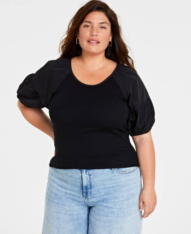 On 34th Trendy Plus Size Scoop-Neck Puff-Sleeve Top Women's 0X Black Pullover