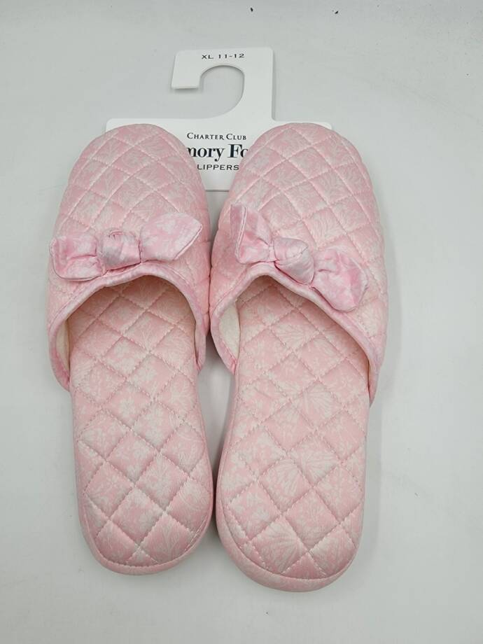 Charter Club Gingham-Print Bow-Top Slippers Women's XL 11-12 Orchid Pink Slip On